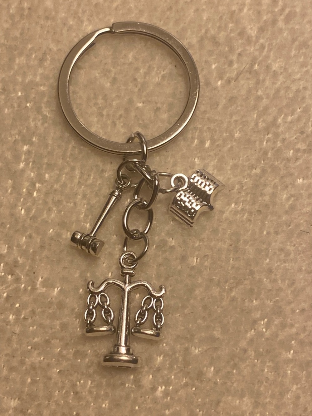 Silver Legal Scales Keychain with Gavel and Book Charm